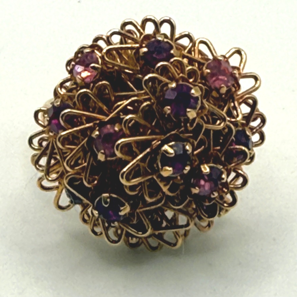 Vintage Gold Tone Wire Wrapped Nest Ring Purple Rhinestone Cluster Adjustable